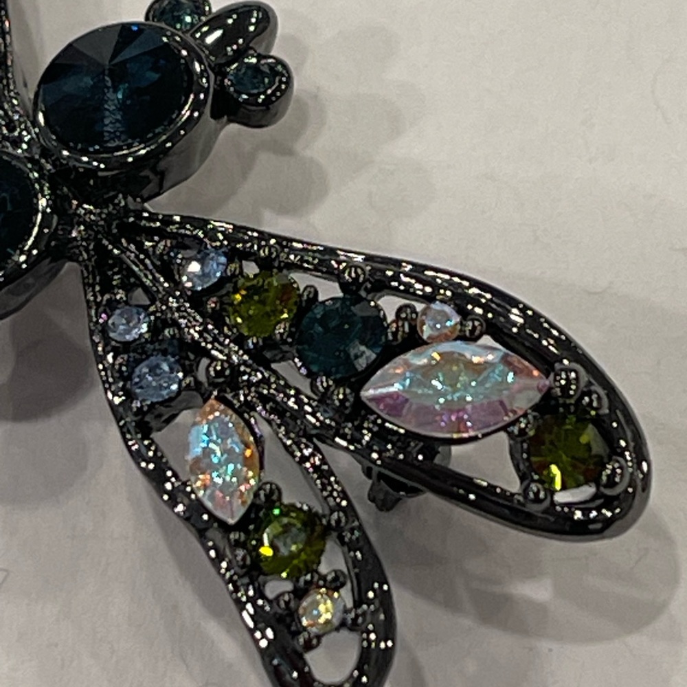 Vintage Multicolor Rhinestone Dragonfly Brooch Black Metal  Has Crown Mark - Picture 4 of 16
